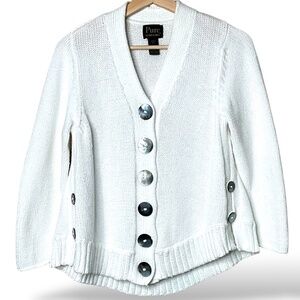 PURE HANDKNIT 100% Cotton White Button Front Cardigan Curved Hem M of P Buttons